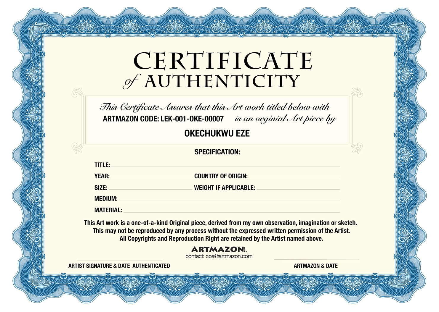 Certificate Of Authenticity Art Template