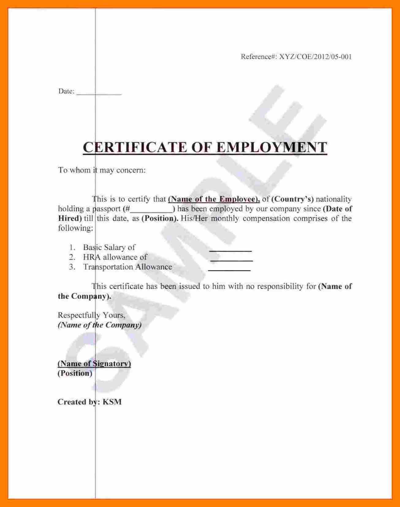 Certificate Of Employment Sample Certificates Templates Free