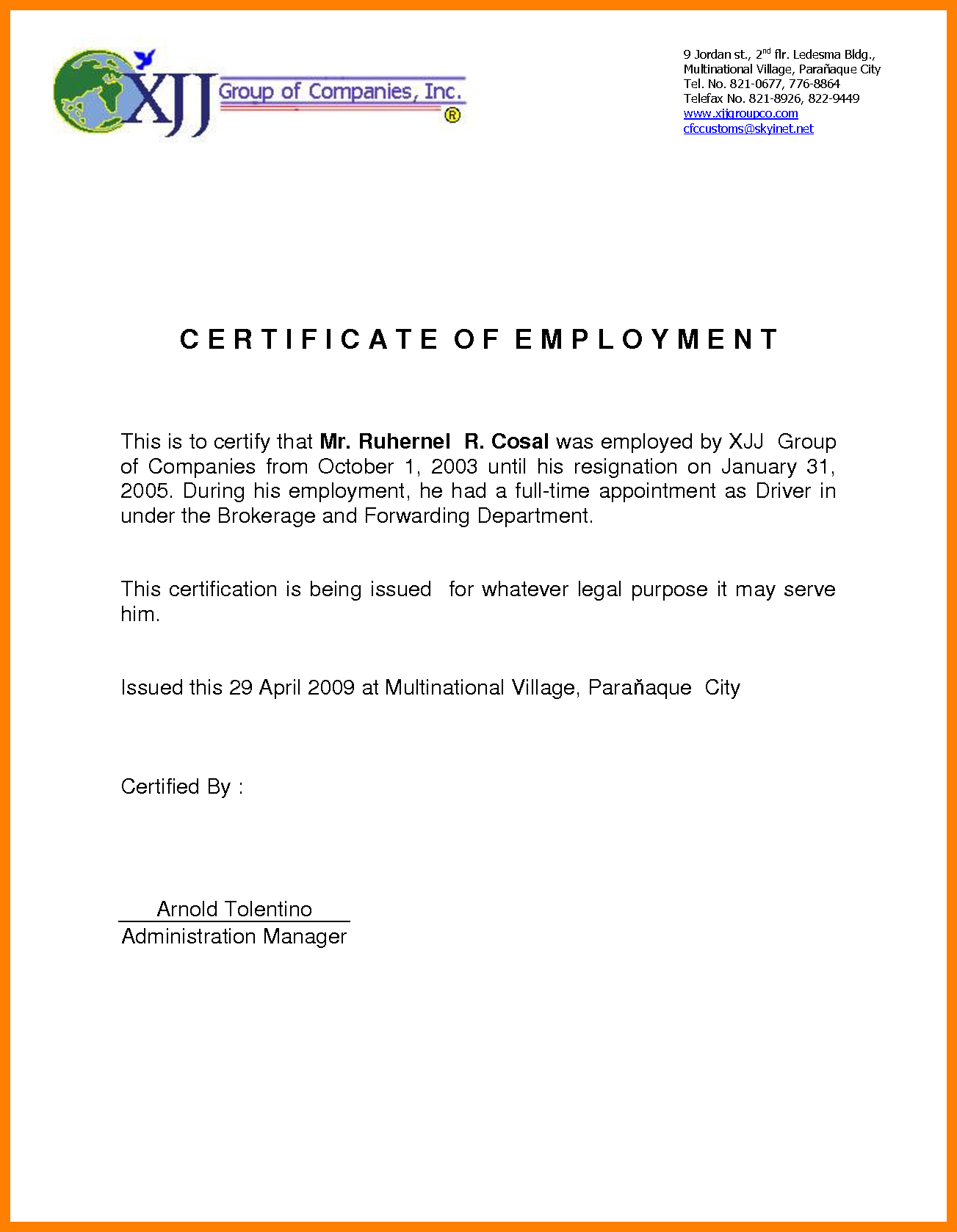 Certificate Of Employment Sample Certificates Templates Free