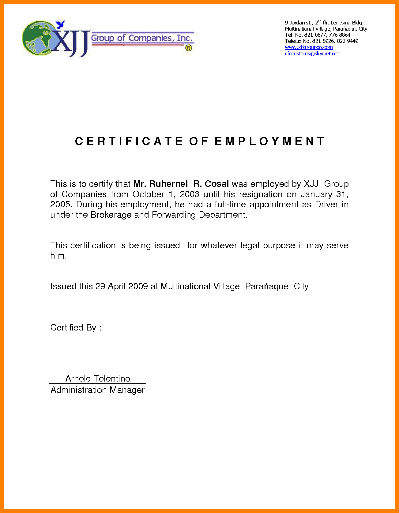 Certificate Of Employment Sample certificates templates free