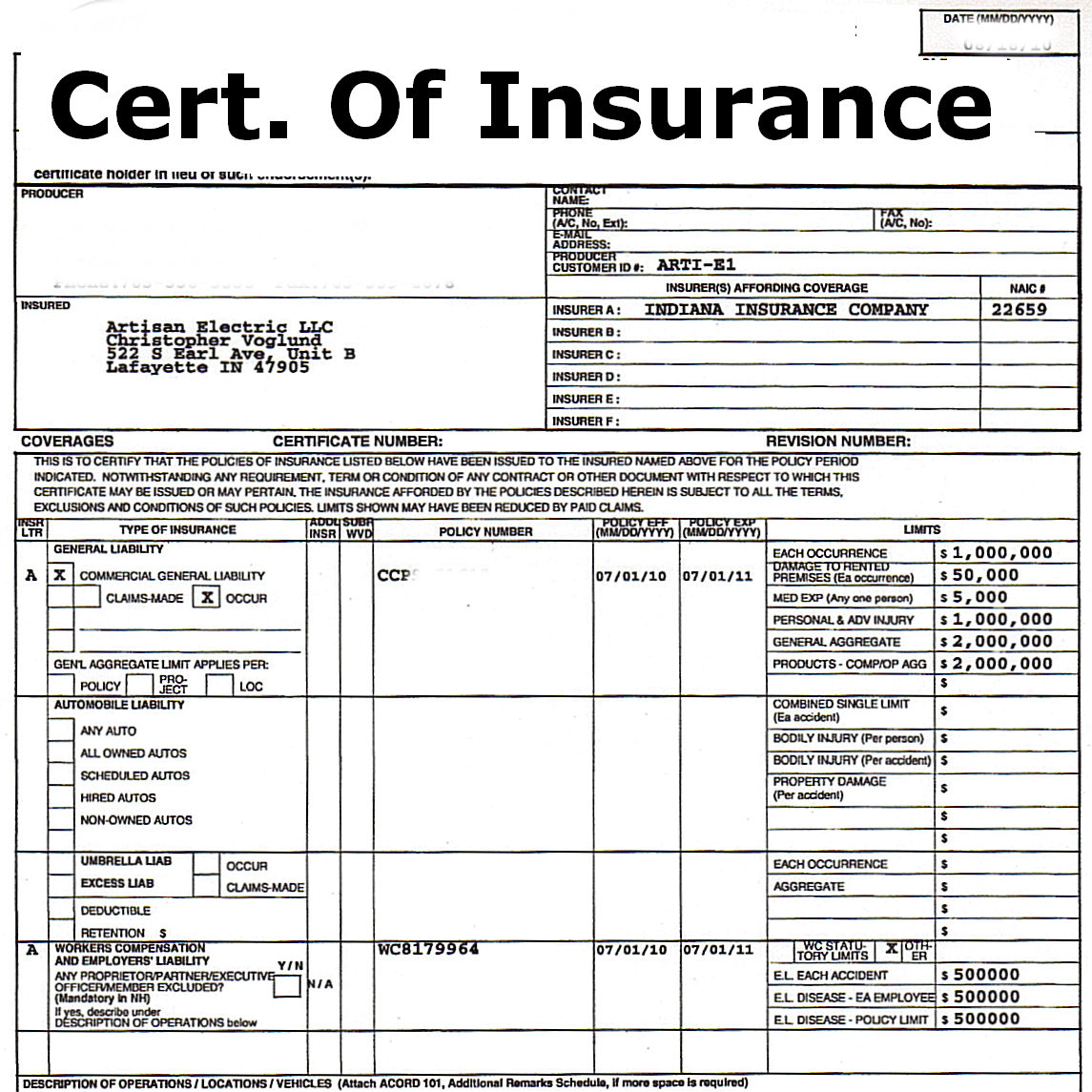 Certificate of Insurance Bounce About