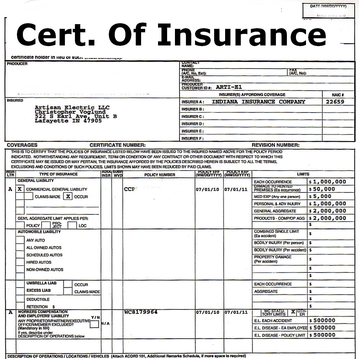 Certificate Of Insurance Certificates Templates Free